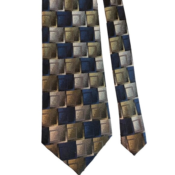 Axis Mens Silk Neck Tie Blue Gray Gold Squares Geometric Work Dad Gift - Picture 3 of 7